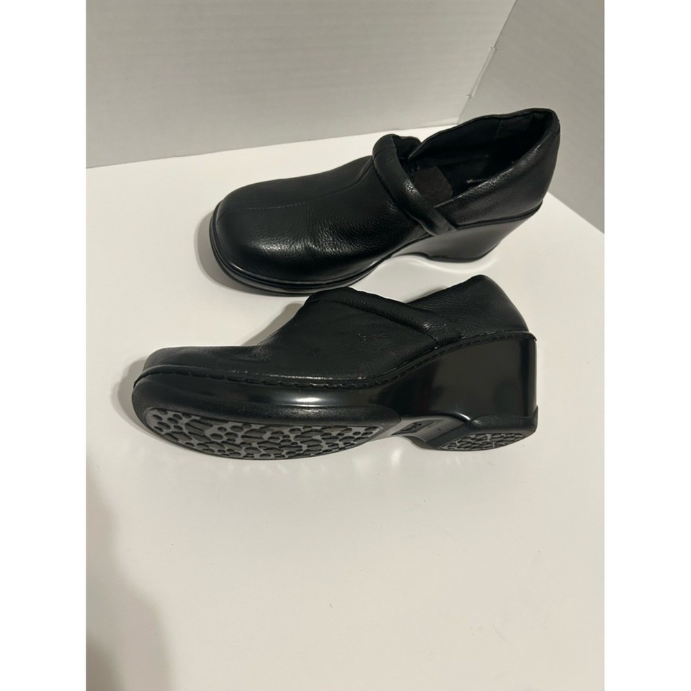 b.o.c. Born Concept Womens Black Leather Wedge Clogs Slip On Mules Shoes